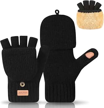 JIZCTBN Convertible Fingerless Wool Gloves - Thermal Fleece Lined